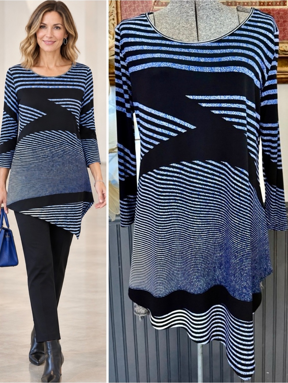 Clara Sun Woo Abstract Stripe Asymmetrical Tunic Top Black Blue Sz Small 💚🍄
